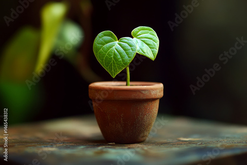 A small plant with heart-shaped leaves grows in a clay pot on a wooden surface. Concept of growth and nature. For gardening articles