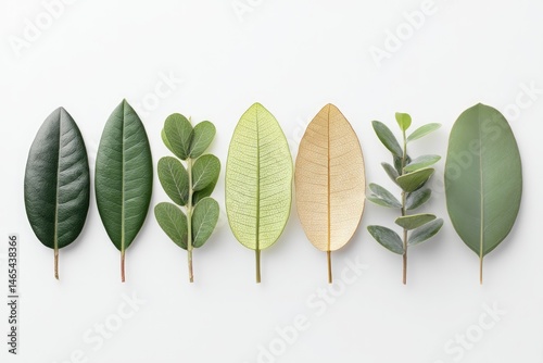 Variety of Green and Golden Plant Leaves Arranged on a White Background Showcasing Diverse Shapes and Textures