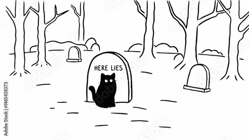 A black cat sitting in front of a tombstone in a graveyard with trees in the background sketch created with generated ai