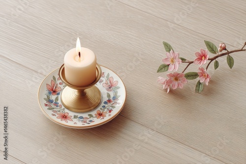 Obraz na płótnie Vesak Celebration Setup Featuring a Brass Candle Holder and Floral Decor on a Wooden Floor w salonie