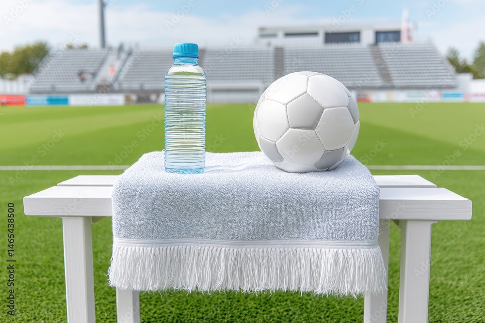Water Bottle and Soccer Ball Resting on Towel at Sideline of Sports Field During Daylight