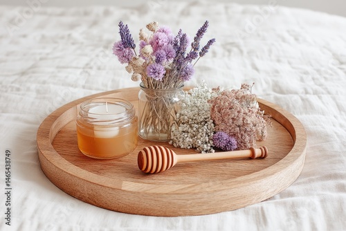 Wooden Tray Featuring Honey Dipper, Dried Flowers, and a Candle Creating a Cozy and Natural Decor Setting