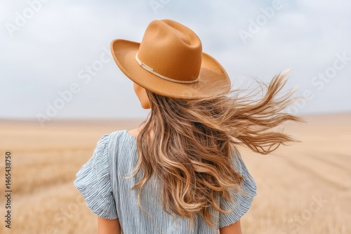 Wind-swept Hair of a Woman Wearing a Cowboy Hat Against a Vast Golden Field on a Sunny Day