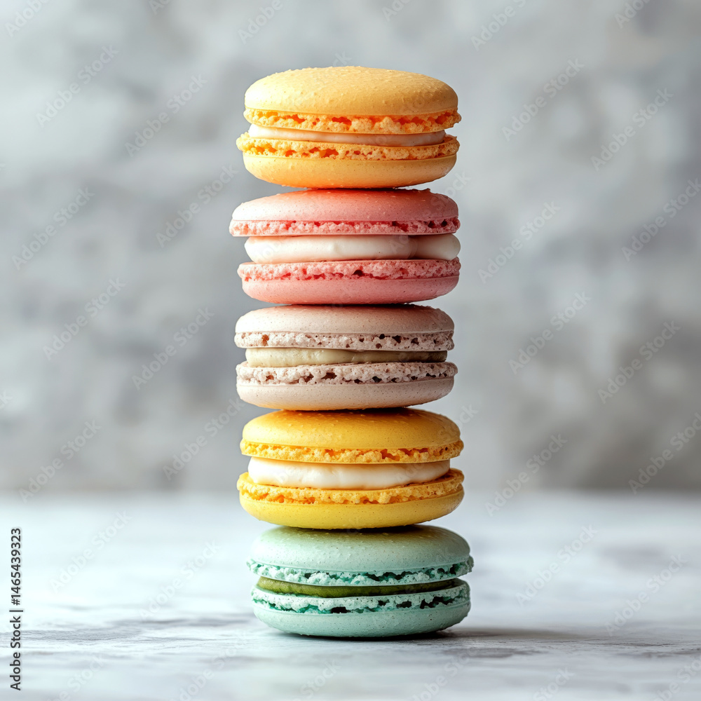 Five colorful macarons stacked vertically on a marble surface. Concept of elegance, dessert, and delicacy. For gourmet packaging design
