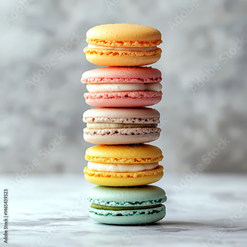 Obraz na płótnie Five colorful macarons stacked vertically on a marble surface. Concept of elegance, dessert, and delicacy. For gourmet packaging design w salonie