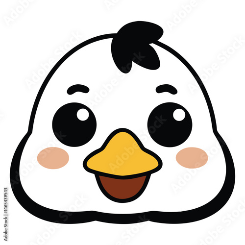 Charming cartoon chicken with joyful eyes and blushing cheeks looks very cute indeed