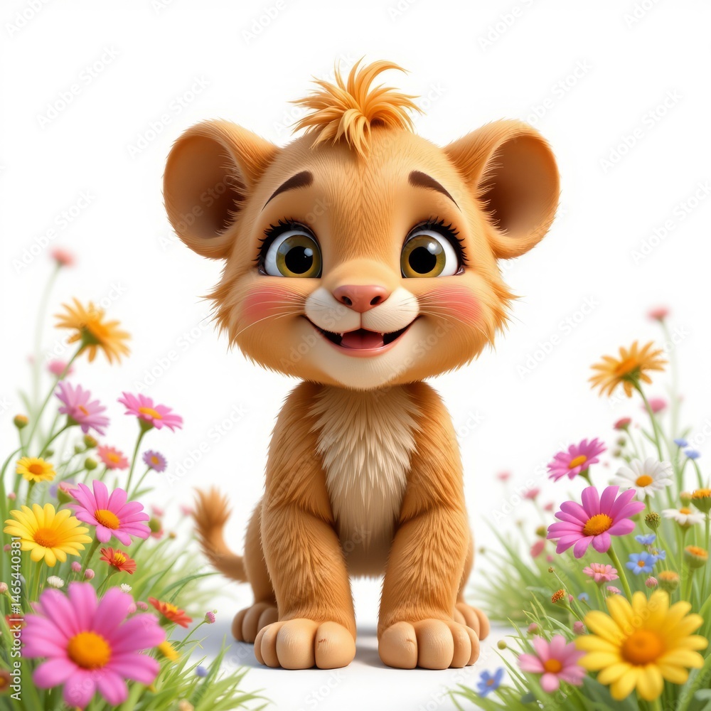 Fototapeta premium 3d character cute lion cub among meadow plants and flowers, white background