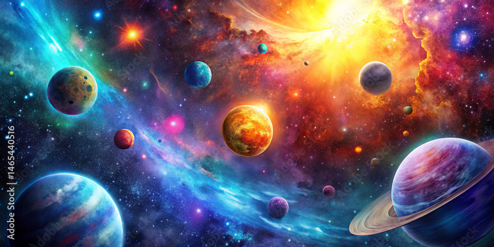 A spectacular display of celestial bodies including various planets and vibrant gaseous formations fills the vast cosmic expanse. The scene captures the beauty and mystery of the universe A spectacular display of celestial bodies including various planets and vibrant gaseous formations fills the vast cosmic expanse. The scene captures the beauty and mystery of the universe