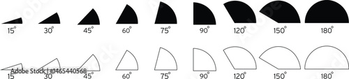 Angle icon 15, 30, 45, 60, 75, 90, 120, 150, 180 degree measures. Math geometric flat, linear elements. Trigonometry template. Degree of arc and pie chart isolated on transparent background EPS 10