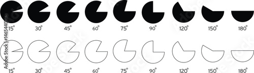 Angle icon 15, 30, 45, 60, 75, 90, 120, 150, 180 degree measures. Math geometric flat, linear elements. Trigonometry template. Degree of arc and pie chart isolated on transparent background EPS 10