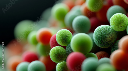 Colorful microscopic globules dance like a candy galaxy, evoking Dia de los Muertos' vibrant celebration and nano art