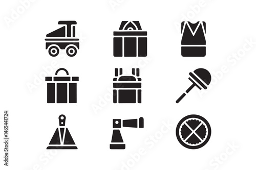 Construction Equipment Silhouette Icons Vector Tools, Safety Gear, Machinery Set