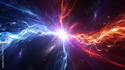 Vivid energy waves in blue and red clash in a cosmic space, producing a spectacular explosion of light and dynamic patterns, suggesting motion and intensity