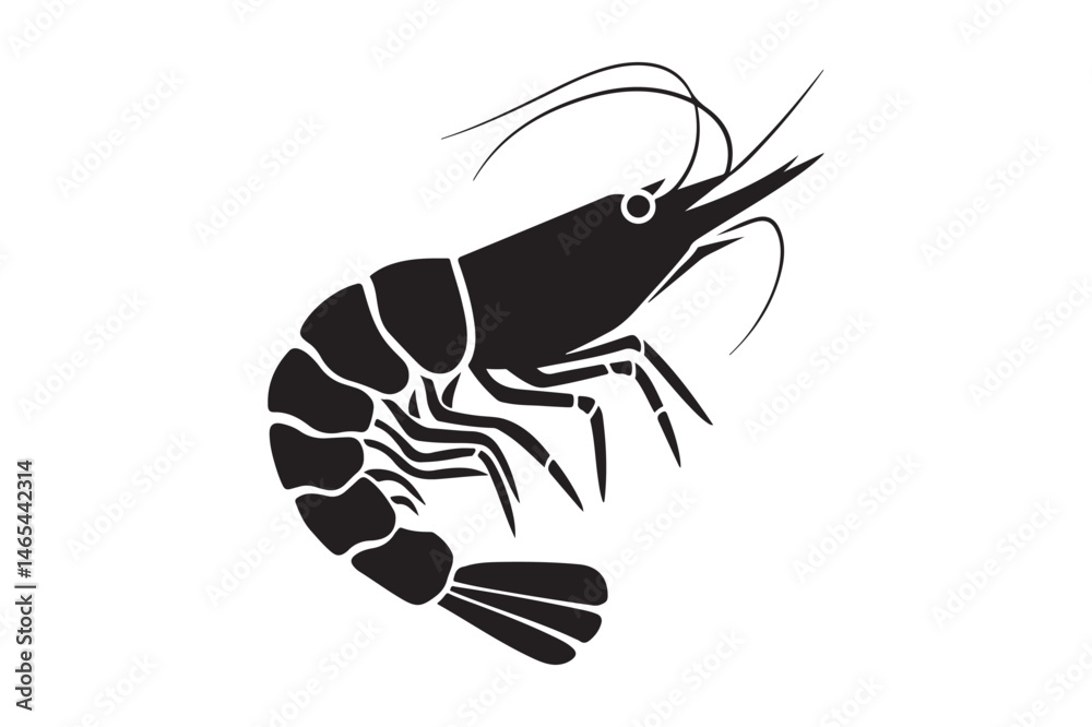 Fototapeta premium Shrimp Silhouette Vector Marine Animal, Seafood Clipart, Black Isolated Design