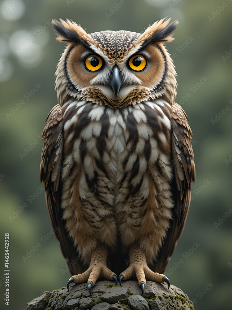 Fototapeta premium A large owl with vivid yellow eyes sits atop its head Its body hosts a yellow-eyed owl of comparable size