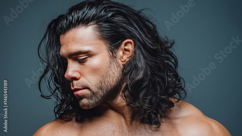Wavy-haired Latino male exudes serene confidence, embodying Solstice vitality, reminiscent of mythic Lorelei, celebrating Hispanic Heritage Month