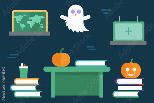 halloween classroom with floating books  chalkboar 
