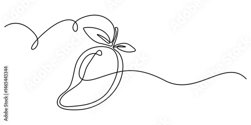 Continuous one single minimal line drawing mango, Continuous one line drawing of mango fruit with leaf. Mango fruit hand drawn single line art vector illustration,  Black line art on white background.