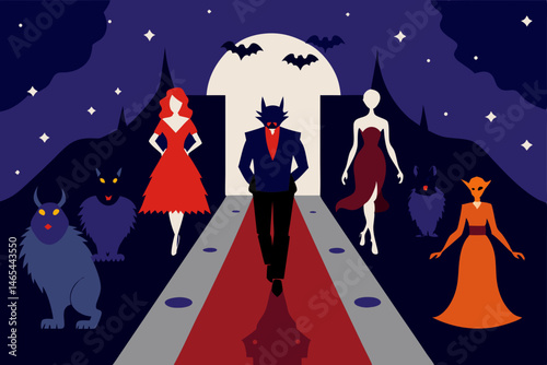 halloween fashion show runway with werewolves  