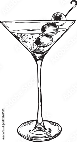 Martini glass with three olives — detailed black and white line art