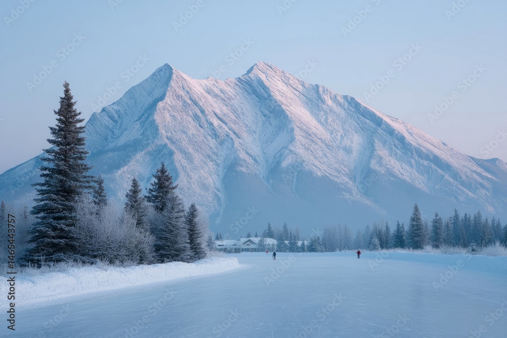Fototapeta premium Snowy mountain embracing frost-kissed pines at dawn evokes Winter Solstice serenity, Alpine Yule traditions, serene glacial vistas