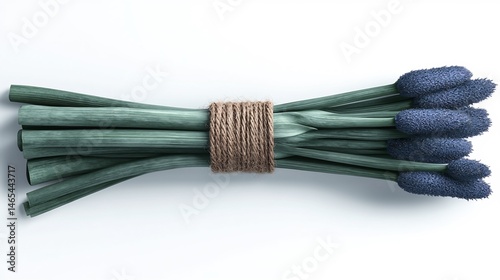 A bunch of bluish-green stalks tied with a light brown cord, topped with tiny, dark purple flower-like buds,  arranged on a white surface