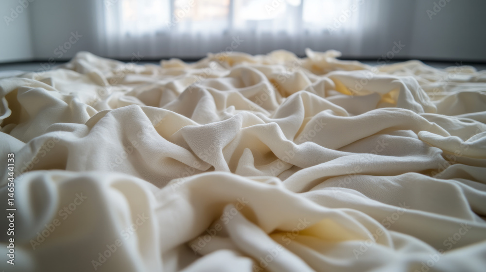 Fototapeta premium Crinkled satin waves basking in serene sunlight, echoing Yule feasting tales and Imbolc rituals, ethereal textile sanctuary
