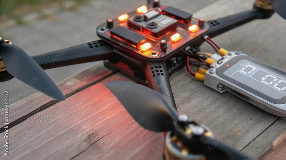 A closeup of the drones GPS module with glowing lights blinking indicating its connectivity and location accuracy during the construction process.