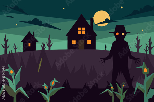 haunted farm at dusk with possessed scarecrows 