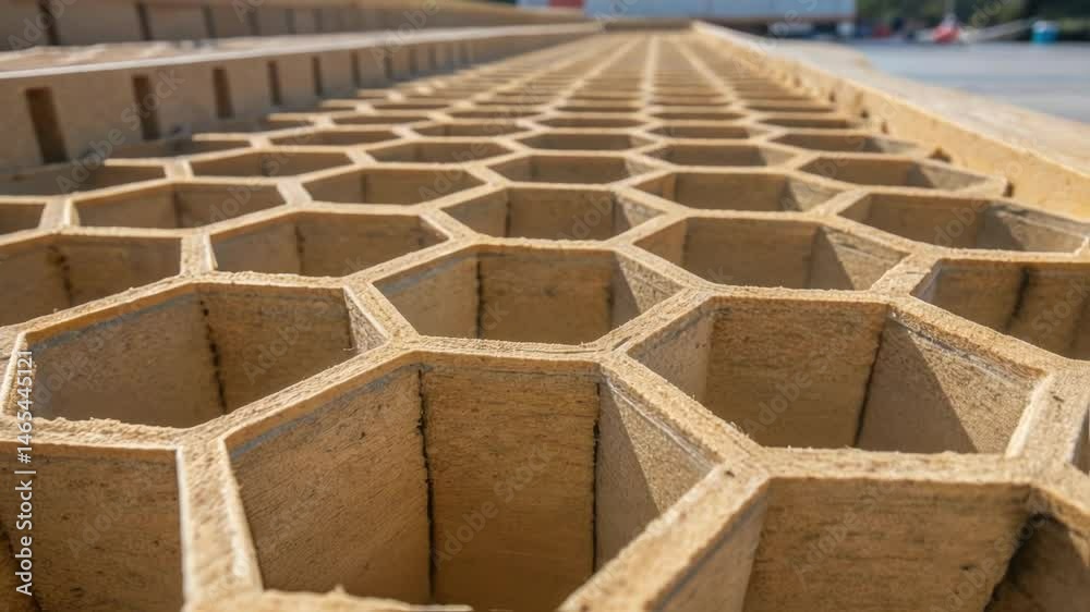 A closeup of the inner structure of biodegradable formwork revealing a honeycomb design that enhances stability while using natural resources efficiently.