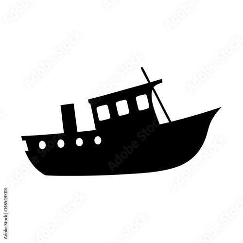 Black Silhouette of a Small Motorboat or Fishing Vessel on White Background
