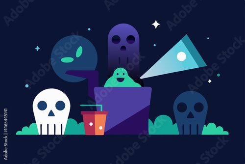 haunted movie night scene with glowing projector 