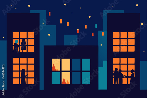 high rise apartment windows glowing with festive 