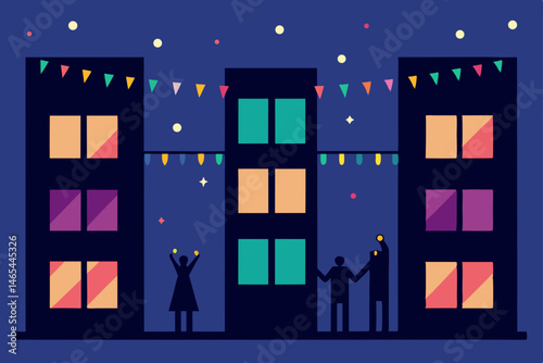 high rise apartment windows glowing with festive