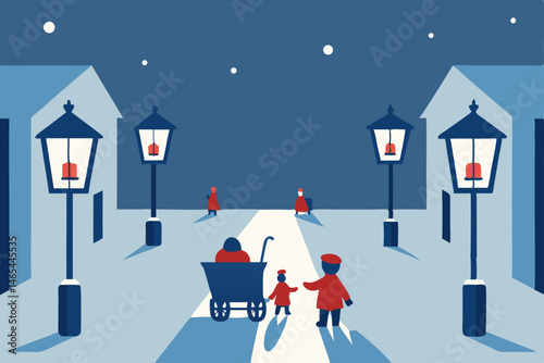 historic stone street lined with lanterns  snow