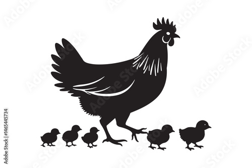 Hen and Chicks Silhouette Farm Chicken Family Vector Art
