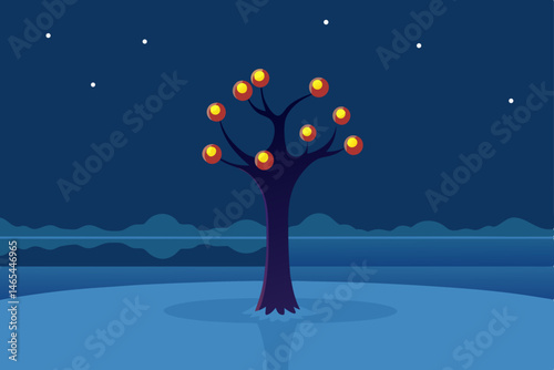 lone tree covered in glowing ornaments standing