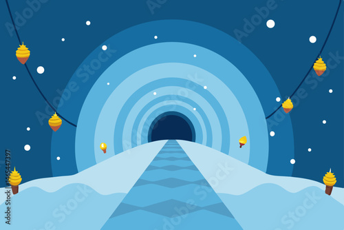 magical snow tunnel with glowing snowflakes 