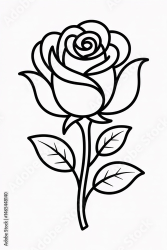 A simple black outline drawing of a rose with leaves on a white background illustration art