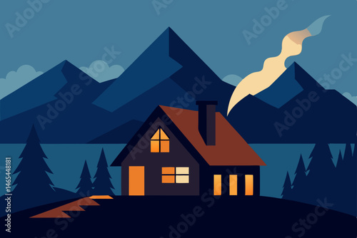 mountain lodge at dusk with smoke curling from the 