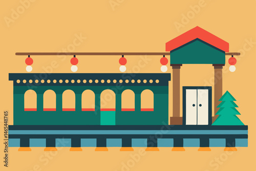 old railway station platform with garland draped 