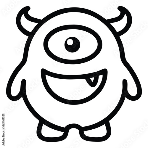 Friendly cyclops monster smiles broadly displaying a single tooth and two small horns