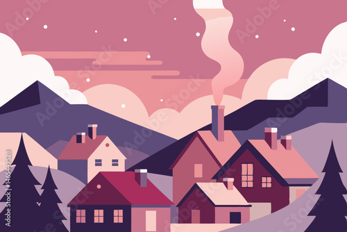 peaceful valley village with rooftops dusted in sn