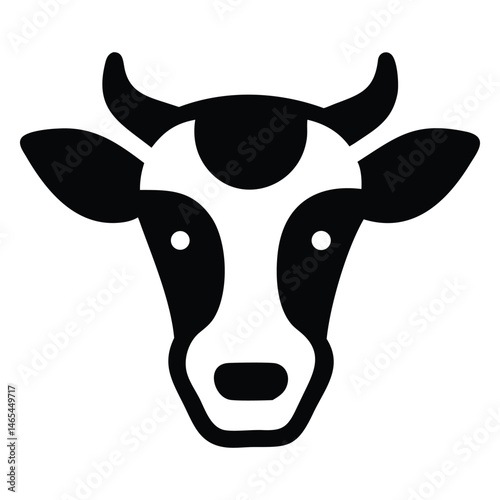 Front view shows stylized black and white dairy cow face with horns artfully designed