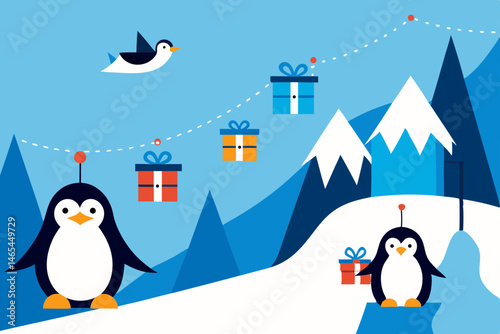penguin village preparing for christmas  hanging