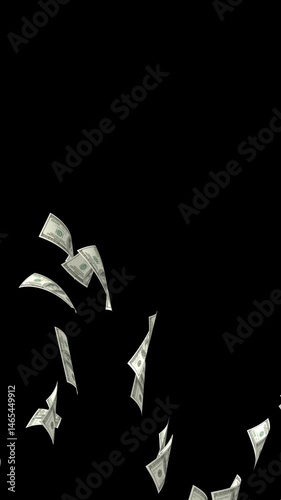Dollar bills falling animation on alpha channel. Money raining animation on transparent background. Dollar flying from top to bottom.