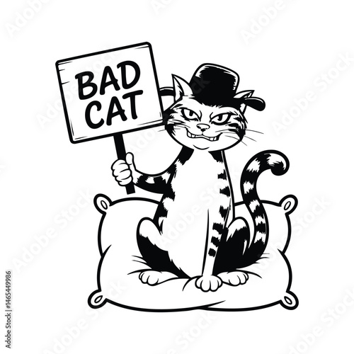 Black and White Mischievous Bad Cat Illustration Design