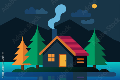 quiet lakeside cabin with smoke from the chimney