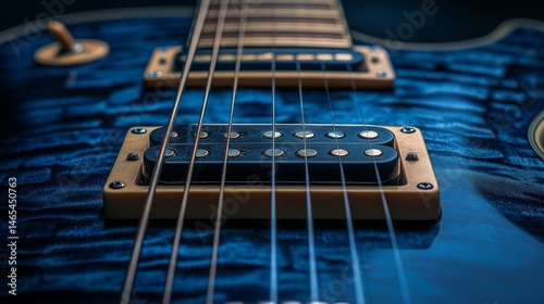 Intricate details and craftsmanship are on full display in this close-up of a black electric guitar