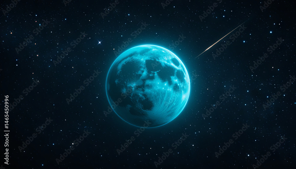 Obraz premium A luminous blue moon dominates the night sky, surrounded by countless stars. A bright shooting star streaks across the scene, creating a magical and serene atmosphere